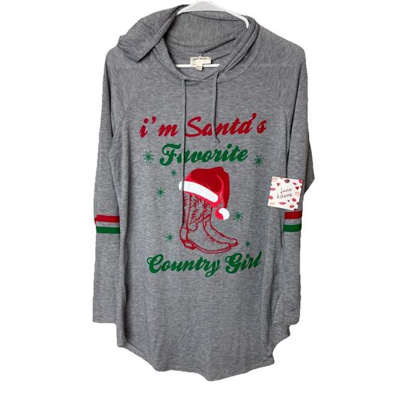 Womens Christmas Sz L Santa’s Favorite Country Girl Holiday Hooded LS Top NWT - Picture 2 of 7